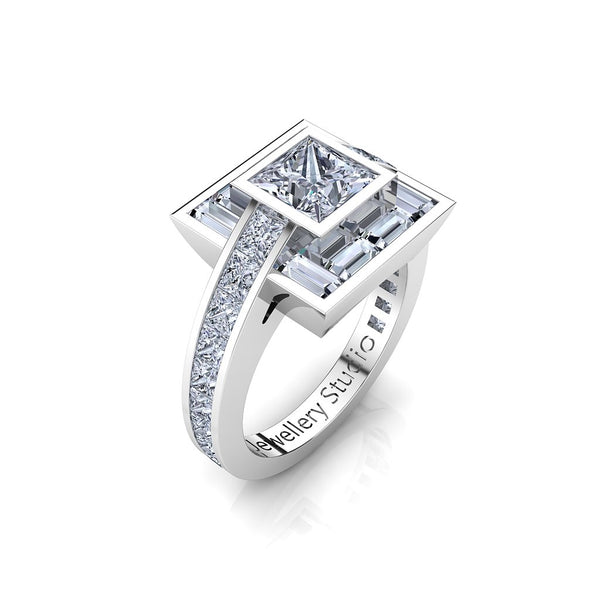 Baguette Halo Engagement Ring with 1.00ct Princess Cut Diamond